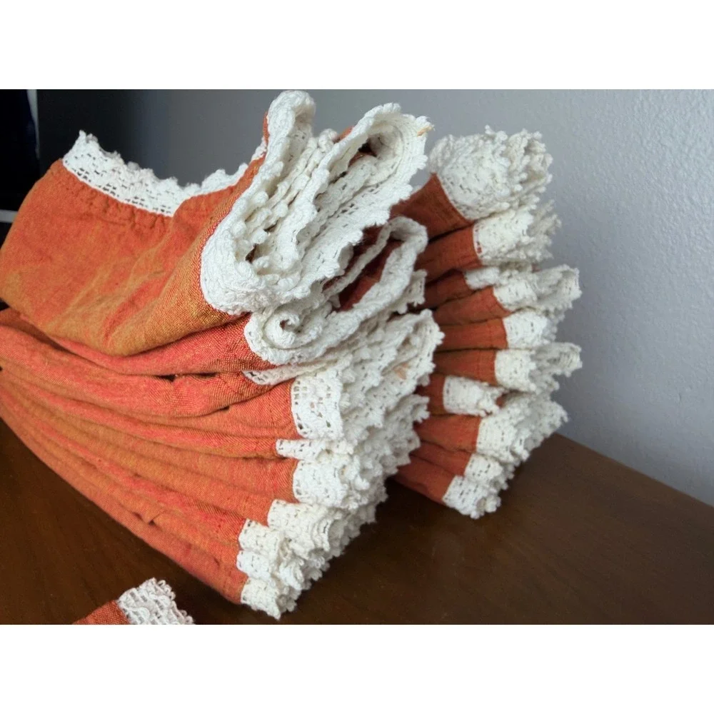 Pier 1 Imports Salmon Lace Chambray‎ Napkins Set of 22 Orange Cotton Crochet